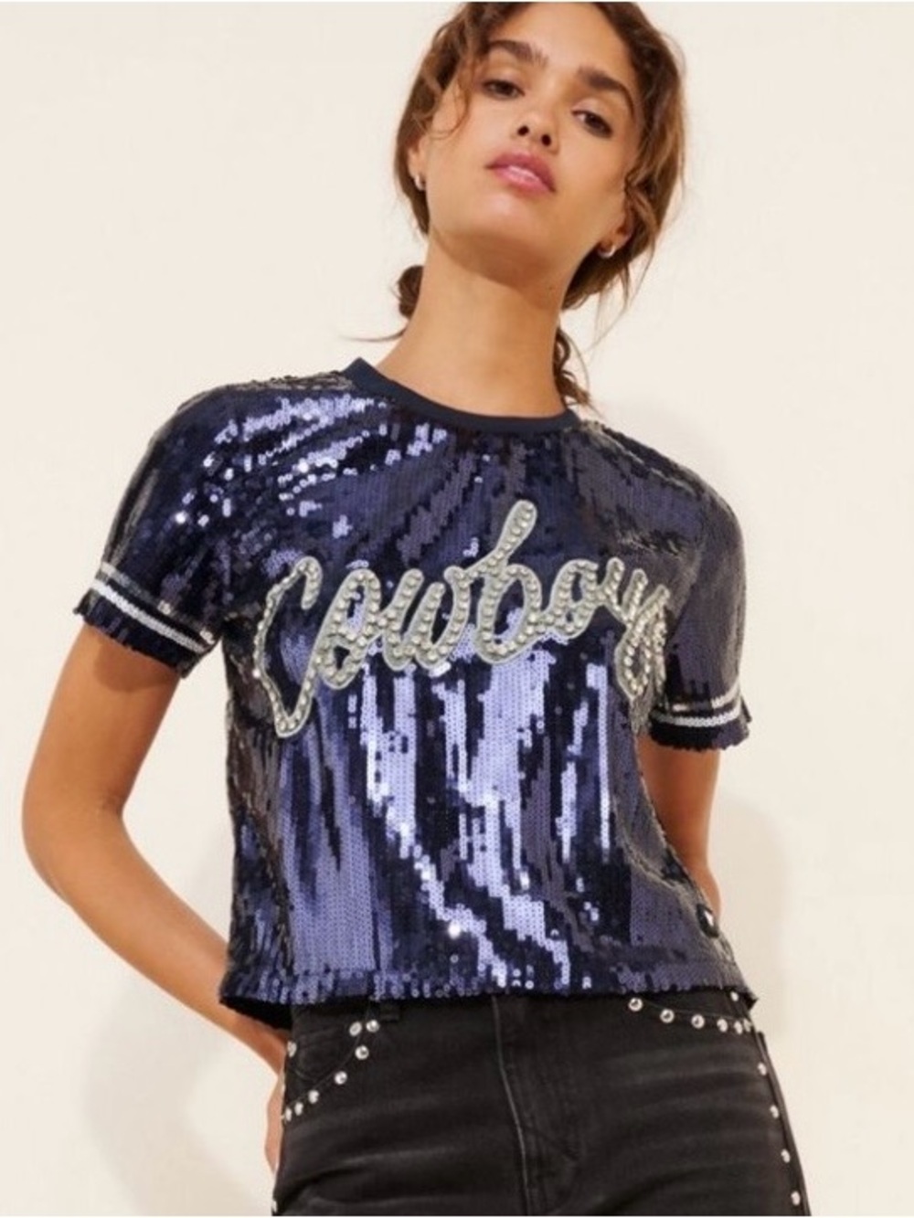 LIMITED EDITION - 'Cowboys' Sequin Short Sleeve Top - L
